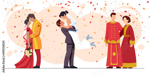 Colourful flat illustration of newlyweds and in love from different cultures of the world