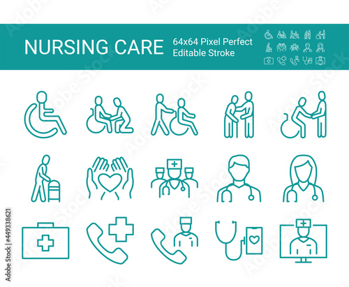 Set of icons of disability. Editable vector stroke. 64x64 Pixel Perfect.