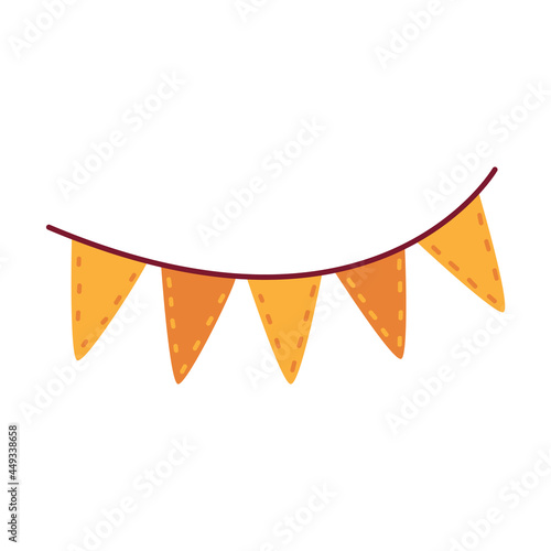 Cute cartoon yellow orange flag for harvest holiday. Traditional garland of triangular flags. Festive home decor for Thanksgiving. Element, clipart, object, item for design of invitations, posters.