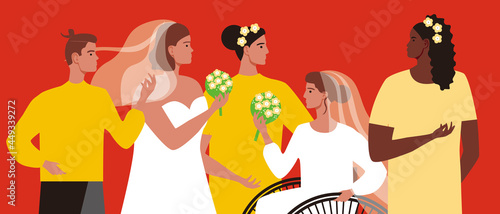 Inclusive Lesbian Wedding, Ceremony Guests, Flat Vector Stock Illustration with LGBTQ Adult Lesbian Bride