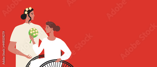 Inclusive lesbian wedding, copy space template, flat vector stock illustration with disabled person in wheelchair at wedding