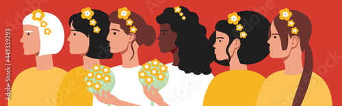 Lesbian wedding ceremony, flat vector stock illustration with adult lesbian LGBTQ people and multicultural guests