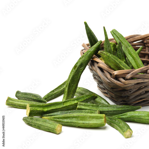 Healthy okra chips isolated on white background 
