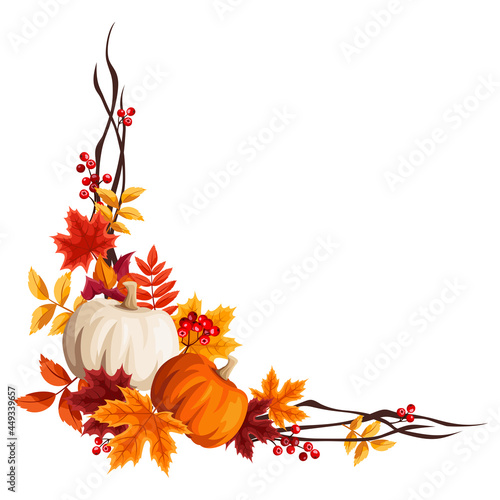 Vector corner border with pumpkins, orange and brown autumn leaves, and rowanberries.