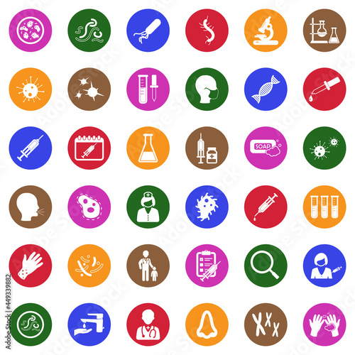 Virus And Bacteria Icons. White Flat Design In Circle. Vector Illustration.