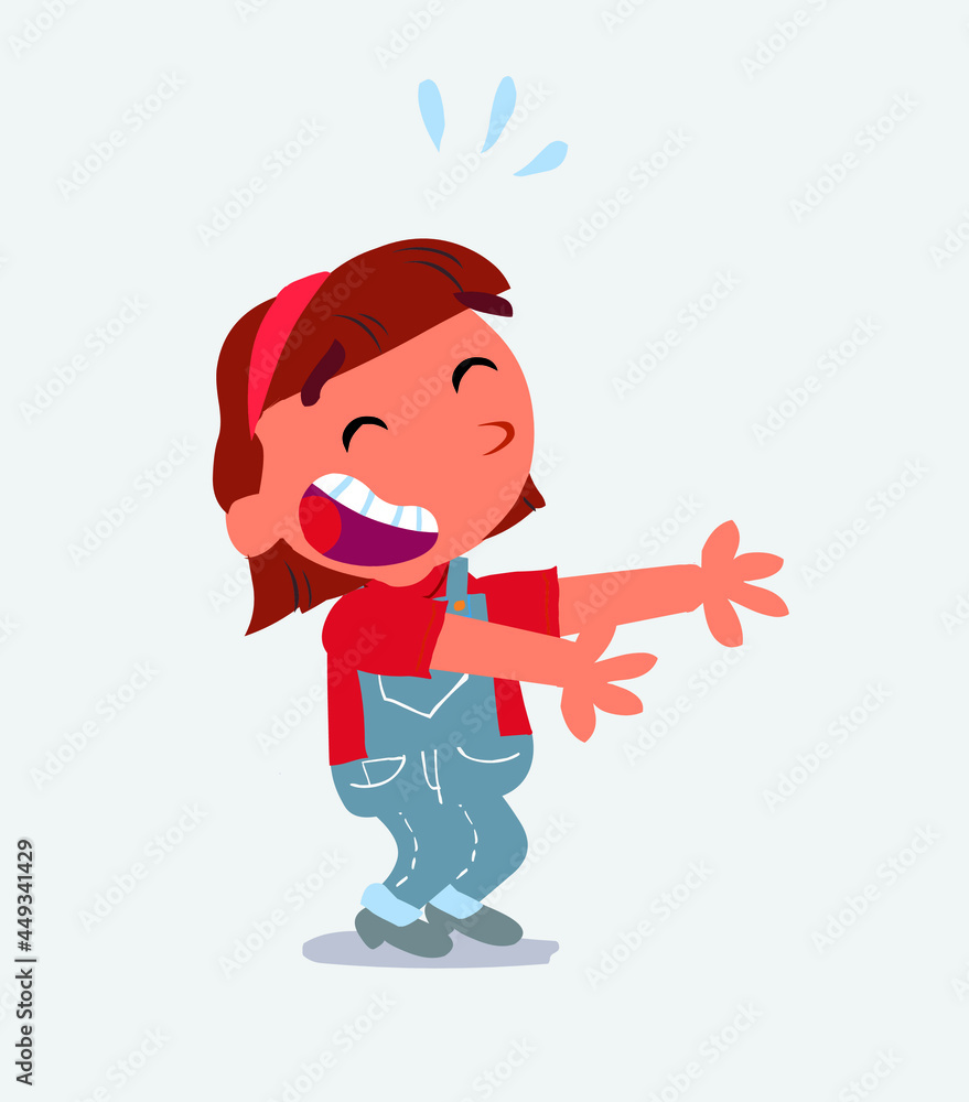 cartoon character of little girl on jeans laughing a lot while showing something. cartoon character of little girl on jeans laughing a lot while showing something.