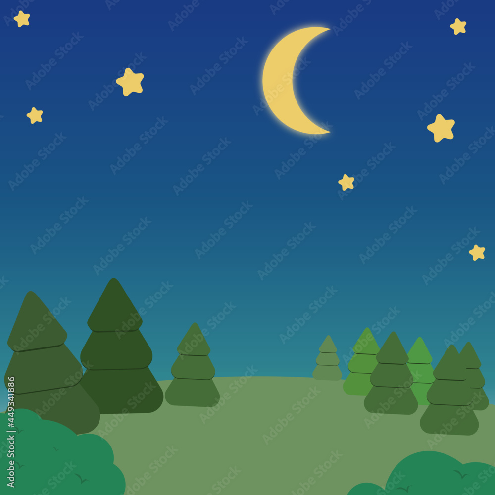 Cute and nice illustration landscape night with stars and moon glow