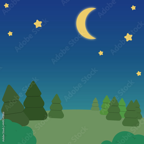 Cute and nice illustration landscape night with stars and moon glow