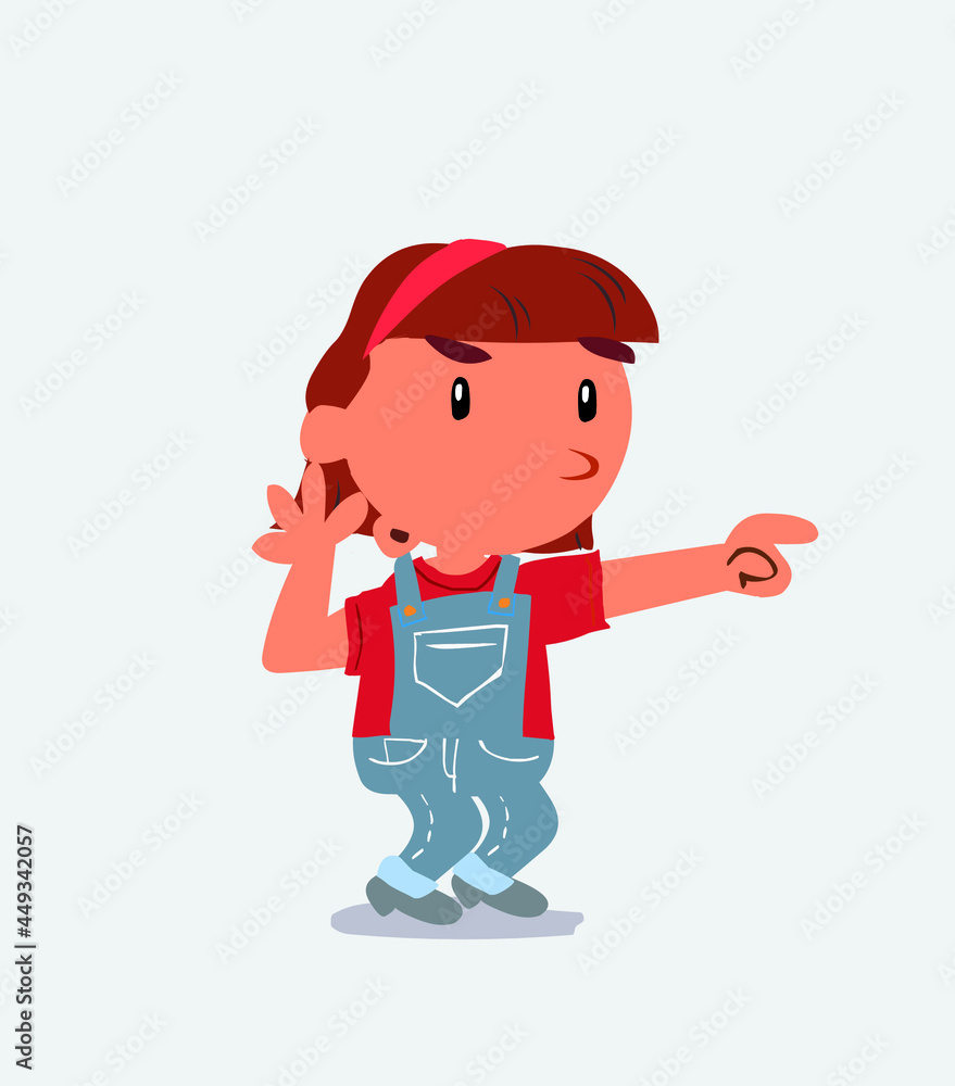 Surprised cartoon character of little girl on jeans points to something.