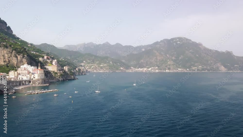 Panoramic aerial view of Amalfi coastline in summer season from a drone viewpoint Panoramic aerial view of Amalfi coastline in summer season from a drone viewpoint