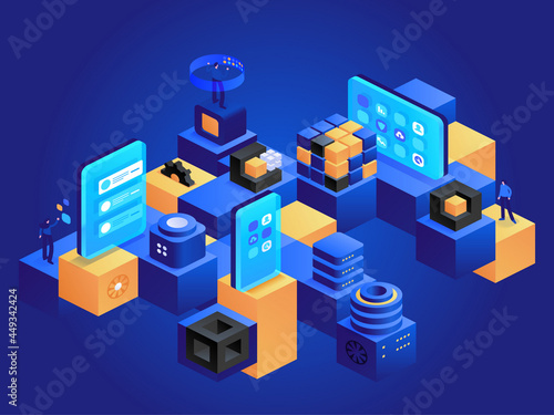 Blockchain technology isometric concept. Cryptocurrency exchange, big data processing, digital money currency. People working on crypto business. Vector character illustration in isometry design