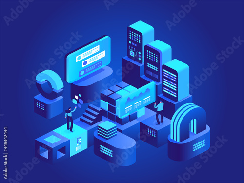 Blockchain technology isometric concept. Digital money currency mining farm with server racks. People working on crypto business, financial tools. Vector character illustration in isometry design