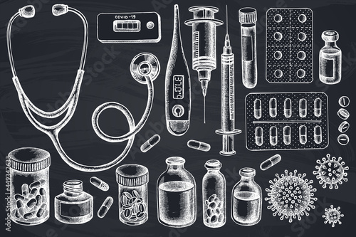Vector set of hand drawn chalk vial of blood, pills and medicines, medical thermometer, coronavirus rapid test, coronavirus bacteria cell, stethoscope, syringe, vaccine
