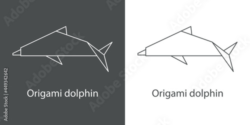Logo delfín de papel estilo origami con lineas en fondo gris y fondo blanco