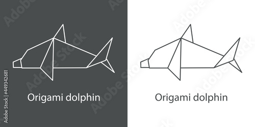 Logo delfín de papel estilo origami con lineas en fondo gris y fondo blanco