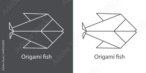 Logo pez de papel estilo origami con lineas en fondo gris y fondo blanco