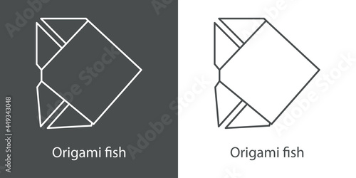 Logo pez de papel estilo origami con lineas en fondo gris y fondo blanco