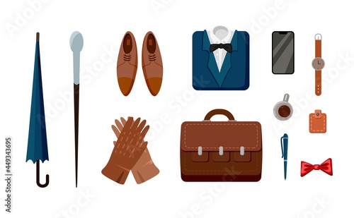 Male formal clothes and accessories vector illustrations set. Shoes, suit, shirt, bow tie, wallet, briefcase of business man or office worker isolated on white background. Accessories, fashion concept