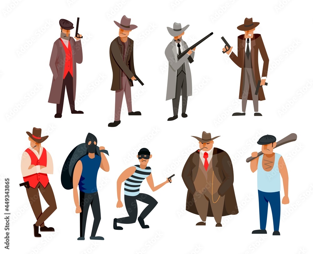 Gangster and mafia cartoon characters vector illustrations set. Killers and  criminals in hats, mafia boss, bodyguard, people in masks with pistols  isolated on white background. Crime, violence concept Stock Vector | Adobe