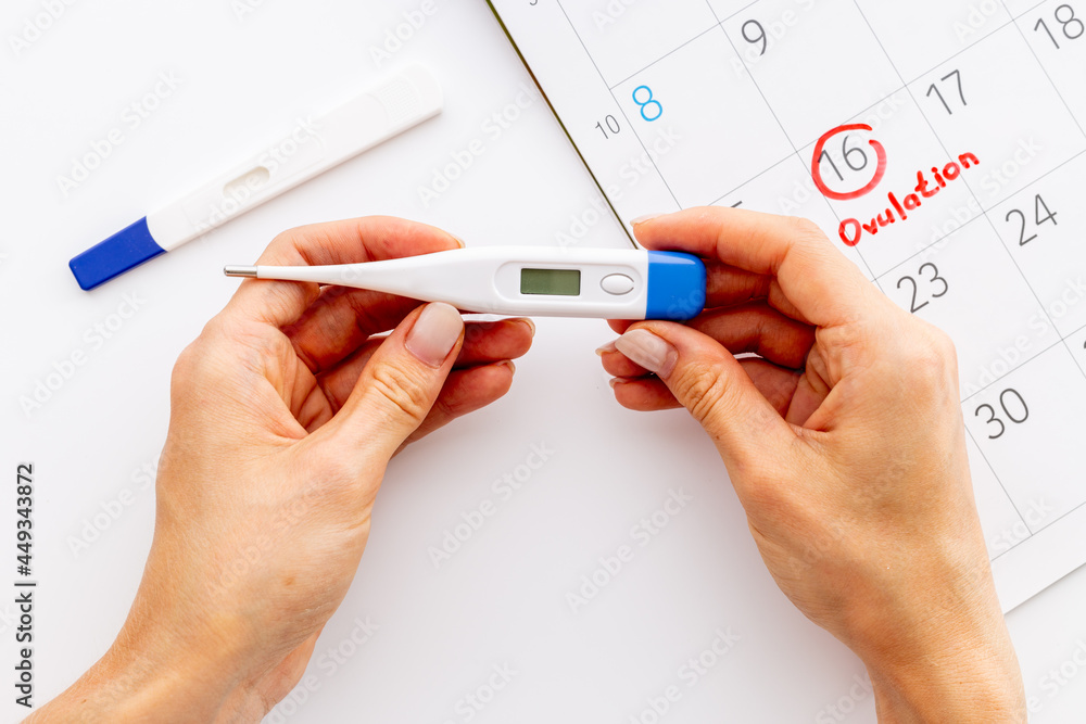Female hand with thermometer over calendar basal temperature Female hand with thermometer over calendar basal temperature