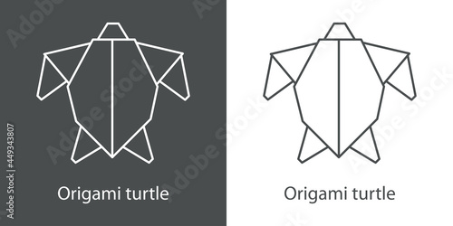 Logo tortuga marina de papel estilo origami con lineas en fondo gris y fondo blanco