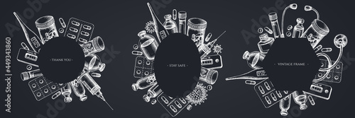 Frames with chalk vial of blood, pills and medicines, medical thermometer, coronavirus rapid test, coronavirus bacteria cell, stethoscope, syringe, vaccine