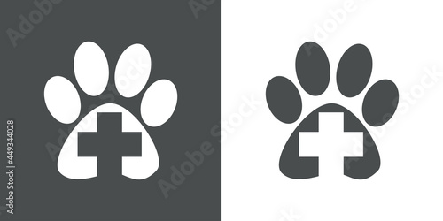 Asistencia sanitaria para mascotas. Logotipo zarpa de gato con cruz en fondo gris y fondo blanco
