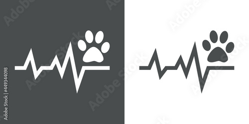Asistencia sanitaria para mascotas. Logotipo lineal zarpa de gato con pulso cardíaco en fondo gris y fondo blanco