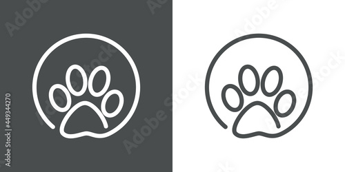 Cuidado de mascotas. Logotipo lineal zarpa de gato en círculo en fondo gris y fondo blanco