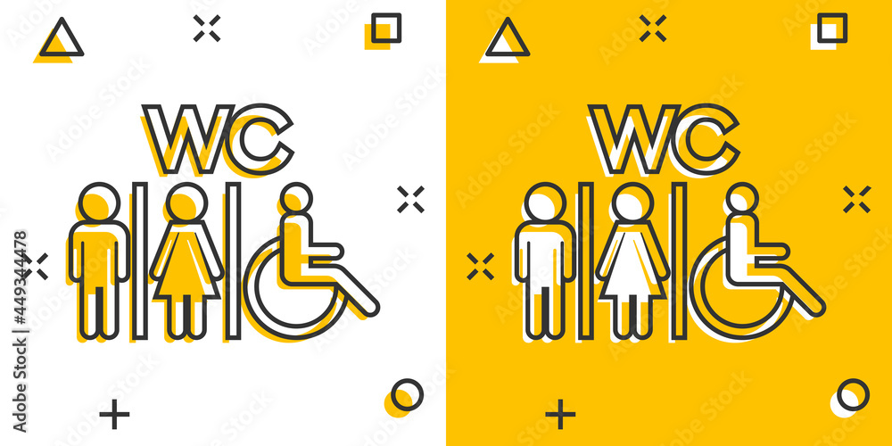 Vector cartoon WC, toilet icon in comic style. Men and women restroom sign illustration pictogram. WC business splash effect concept. Vector cartoon WC, toilet icon in comic style. Men and women restroom sign illustration pictogram. WC business splash effect concept.