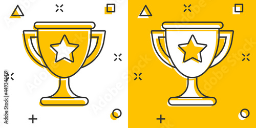 Vector cartoon trophy cup icon in comic style. Winner sign illustration pictogram. Award prize business splash effect concept.
