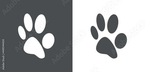 Cuidado de mascotas. Logotipo zarpa de gato en perspectiva en fondo gris y fondo blanco