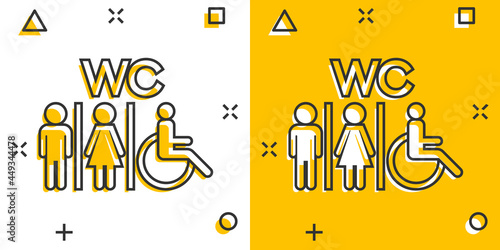 Vector cartoon WC, toilet icon in comic style. Men and women restroom sign illustration pictogram. WC business splash effect concept.