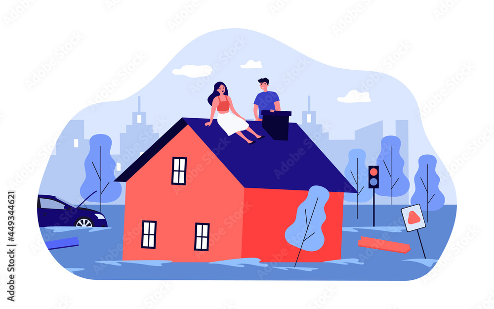 Flood victims sitting on roof of house. Flat vector illustration. Man ...