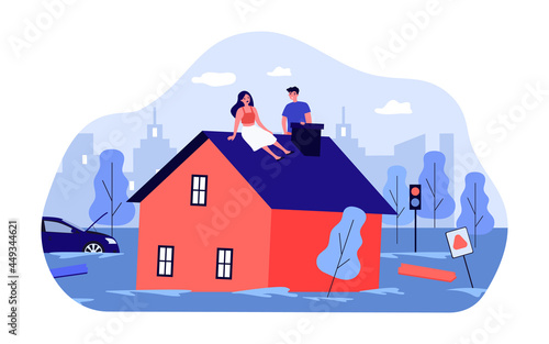 Flood victims sitting on roof of house. Flat vector illustration. Man and woman waiting for help while car, trees, road signs drowning in water. Emergency, natural disaster, flood, rescue concept