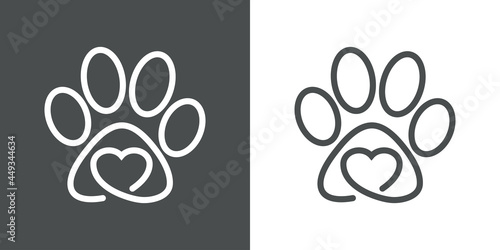 Asistencia sanitaria para mascotas. Logotipo lineal zarpa de gato con corazón en fondo gris y fondo blanco