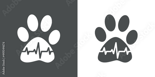 Asistencia sanitaria para mascotas. Logotipo lineal zarpa de gato con pulso cardíaco en fondo gris y fondo blanco
