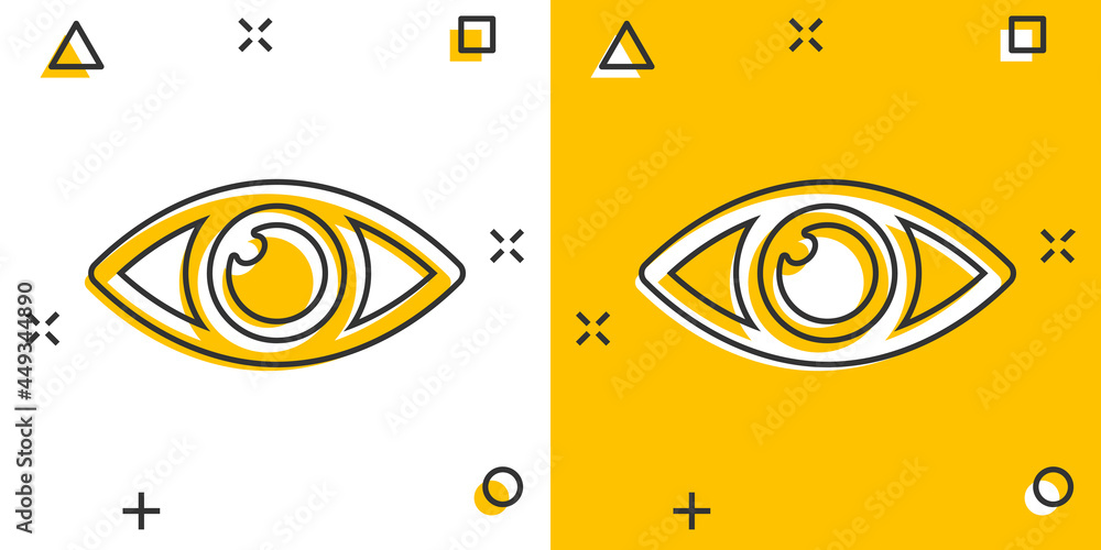 Vector cartoon eye icon in comic style. Eyeball look sign illustration pictogram. Eye business splash effect concept.