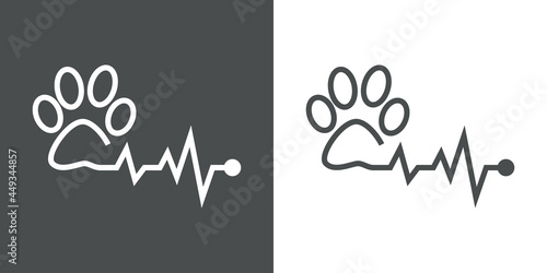 Asistencia sanitaria para mascotas. Logotipo lineal zarpa de gato con pulso cardíaco en fondo gris y fondo blanco