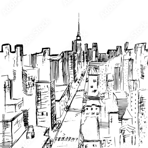 Hand-drawn city sketch.Houses,high-rise buildings,roofs,tower with a spire,street.Urban drawing by ink,pen,marker.Isolated. Vector illustration.