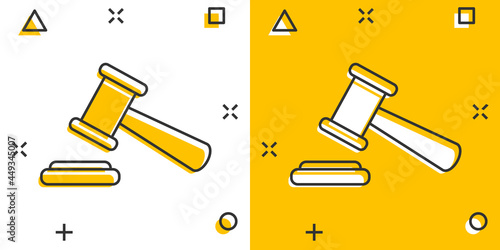 Vector cartoon auction hammer icon in comic style. Court tribunal sign illustration pictogram. Hammer business splash effect concept.