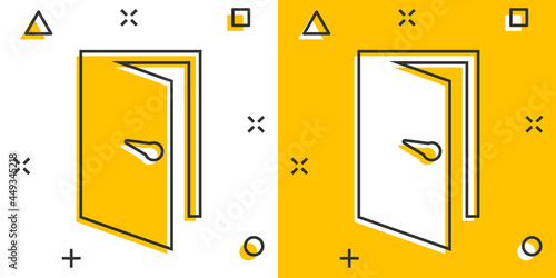Vector cartoon door icon in comic style. Exit sign illustration pictogram. Open door business splash effect concept.
