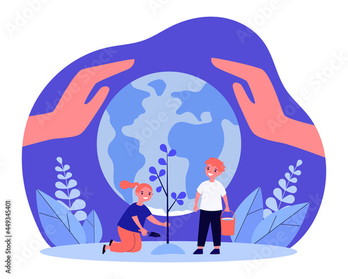 Happy children planting tree together in front of globe. Giant hands protecting Earth flat vector illustration. Ecology, reforestation, environment concept for banner, website design or landing page