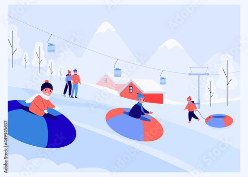 Parents watching happy children riding snow tubes. Kids sledding at ski resort flat vector illustration. Family, winter, outdoor activity, holiday concept for banner, website design or landing page