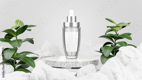 cosmetic bottle on geometric podium,stone,plant for your product display