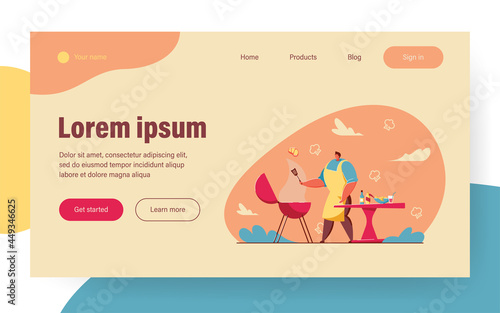 Cartoon man cooking meat steak, doing BBQ outdoor. Flat vector illustration. Person frying or grilling shashlik or square. Food, cooking, picnic concept for banner design or landing page