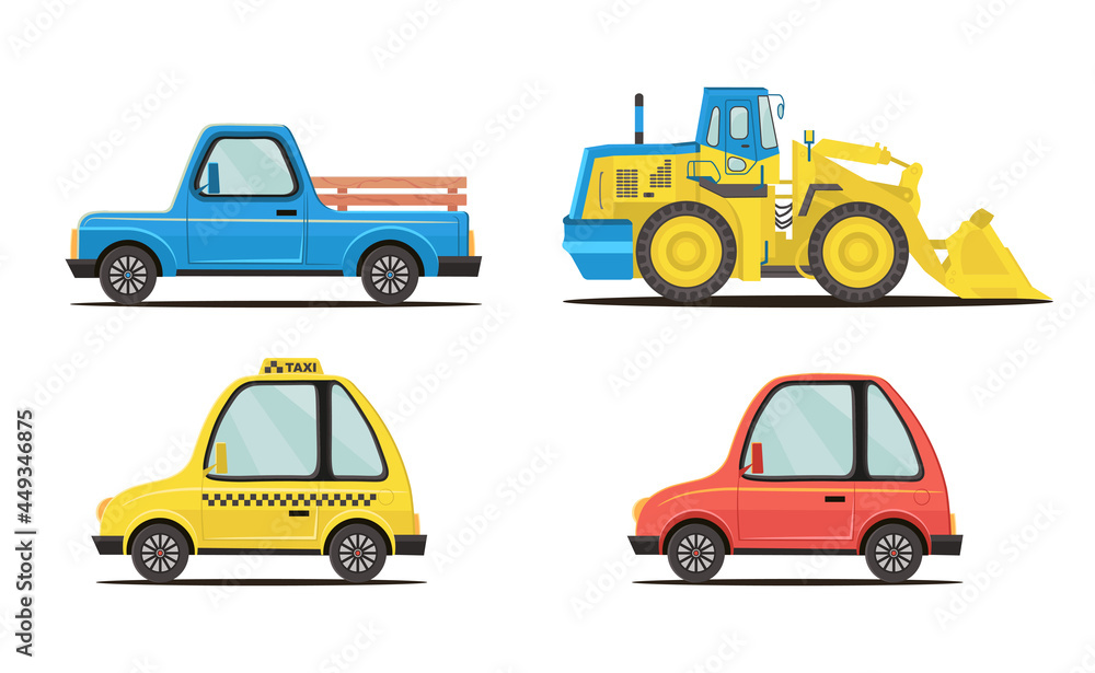 Fototapeta premium A set of machines made in a flat style. Pick-up, minivan, taxi, tractor.