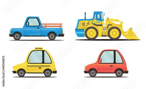 A set of machines made in a flat style. Pick-up, minivan, taxi, tractor.