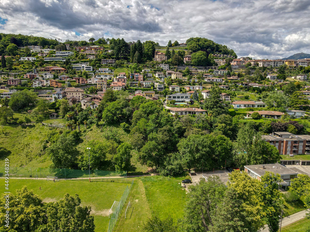 Drone view at Savosa over Lugano on the italian part of Switzerland