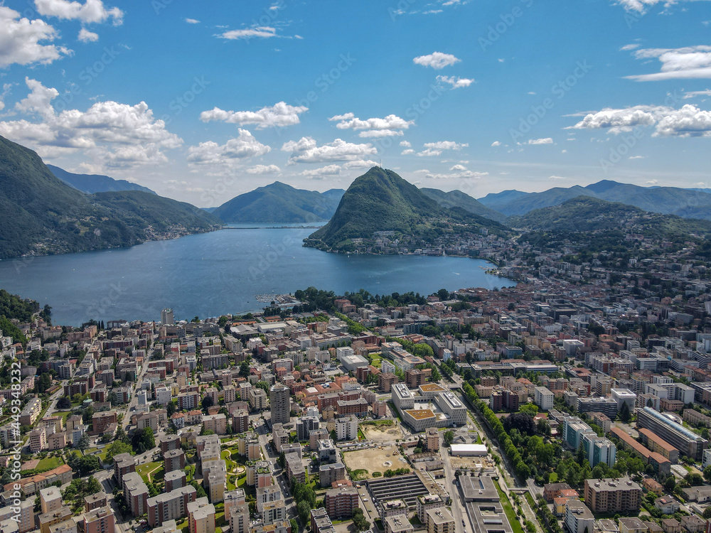 Drone view at Lugano and his lake on the italian part of Switzerland